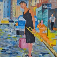 Obra de arte representando mulher negra com vestido preto e trompete em cenário urbano com temática de jazz