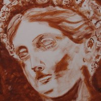 Pintura em tom de terra de rosto feminino com coroa de flores inclinado para esquerda em técnica de Vinícius Rocha Leão