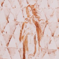 Pintura em tom de terra de figura feminina inspirada em O Nascimento de Vênus sobre fundo de formas triangulares