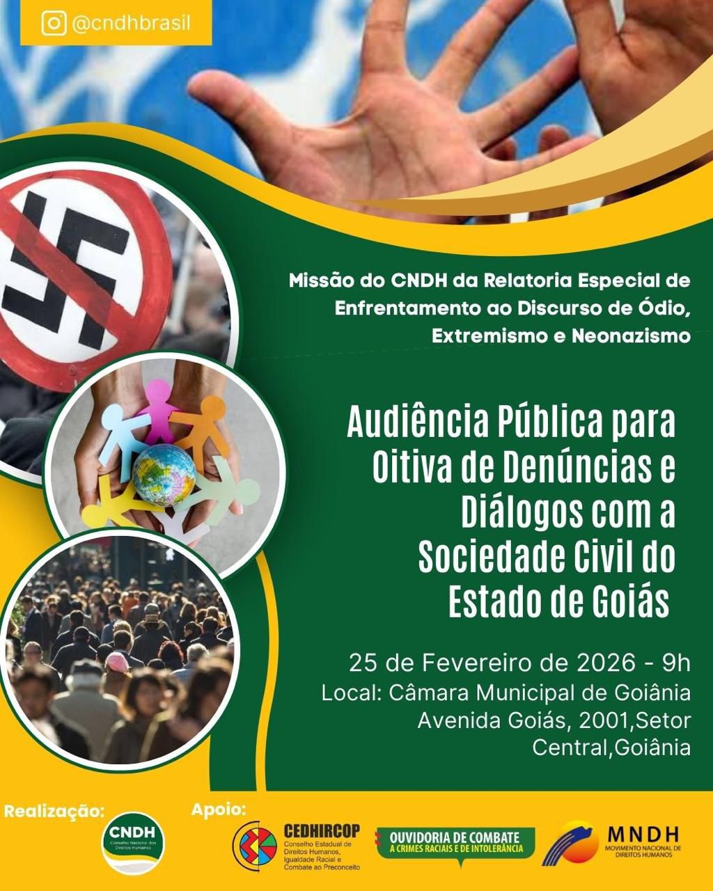 Em audiência pública nesta quarta-feira (25), CNDH ouvirá denúncias sobre discurso de ódio, extremismo e neonazismo em Goiânia