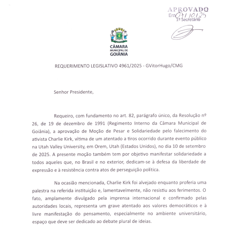 Major Vitor Hugo aprova Moção de Pesar e Solidariedade pela morte do norte-americano Charlie Kirk