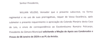 Willian Veloso aprova Moção de Apoio aos condenados e presos pelo 8 de janeiro
